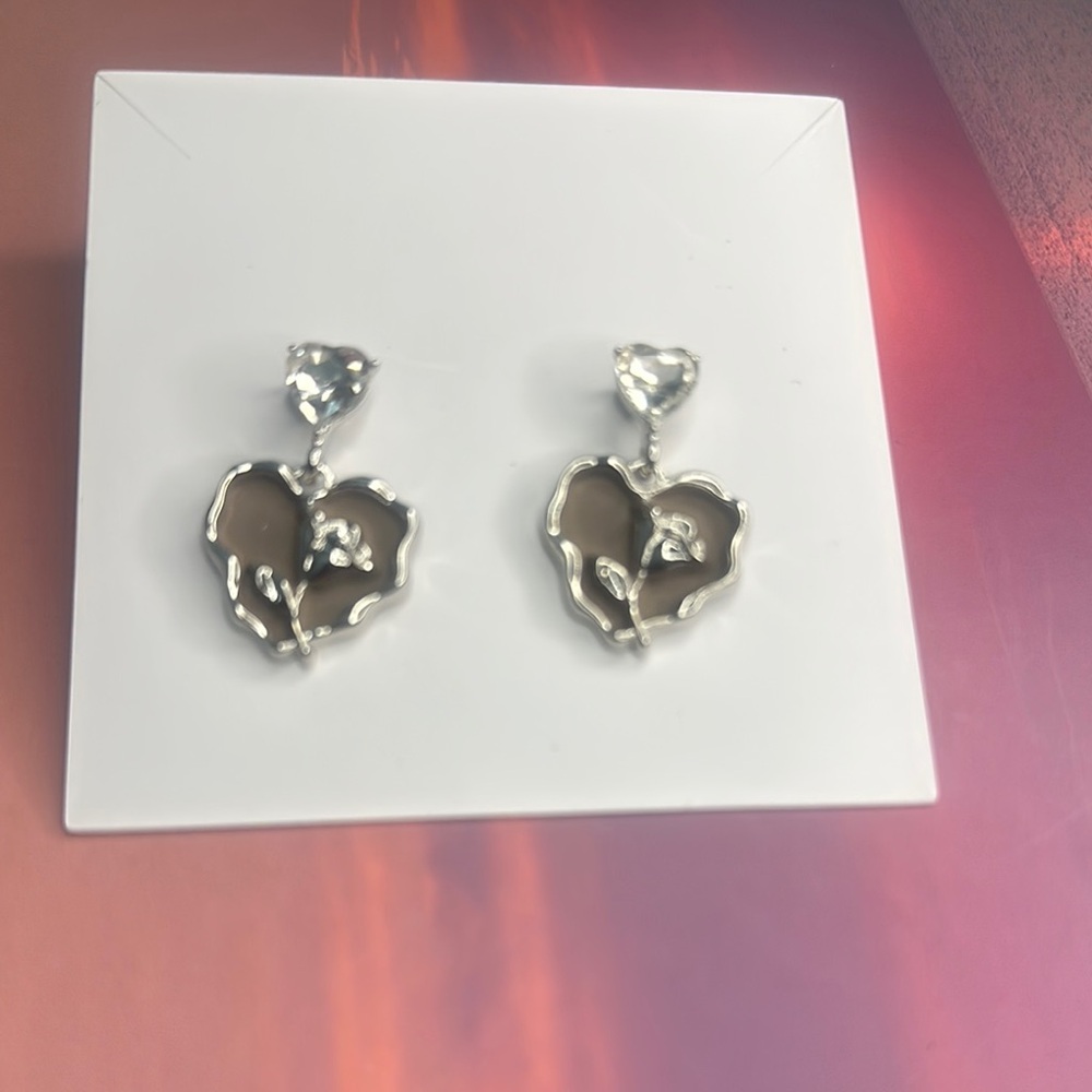 Silver Heart-Shaped Stud Earrings with Crystals